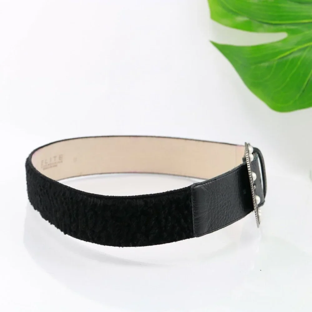 VTG Elite Accessories Womens Belt Size Medium Black Leather Pearl Big Buckle USA
